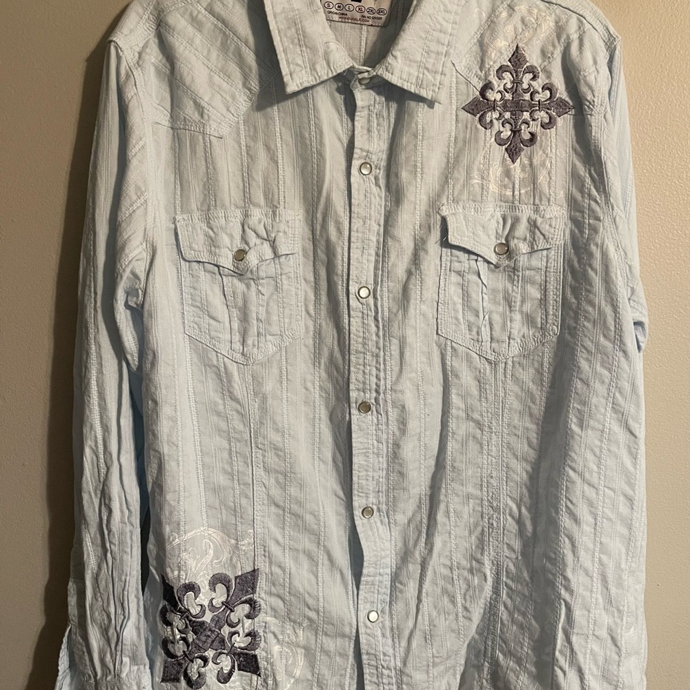 Buckle Light Blue Casual Button Down Shirt with Embroidery